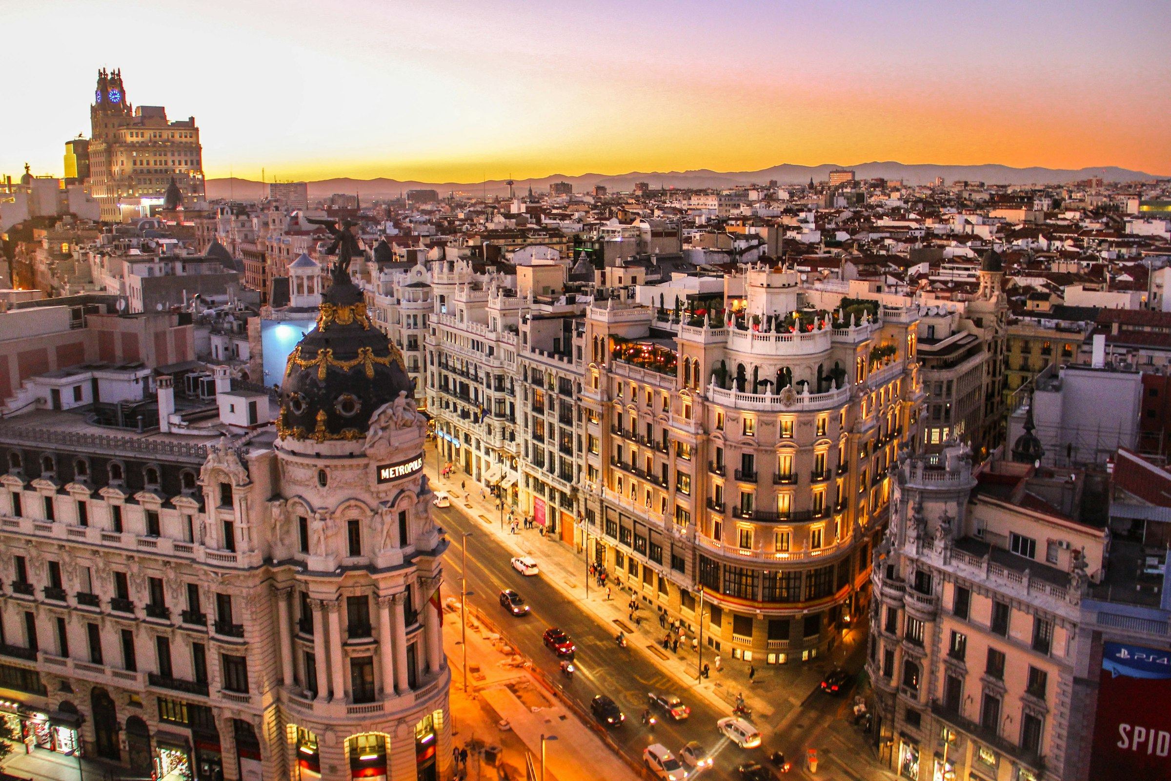 Gran Vía in Madrid at dusk